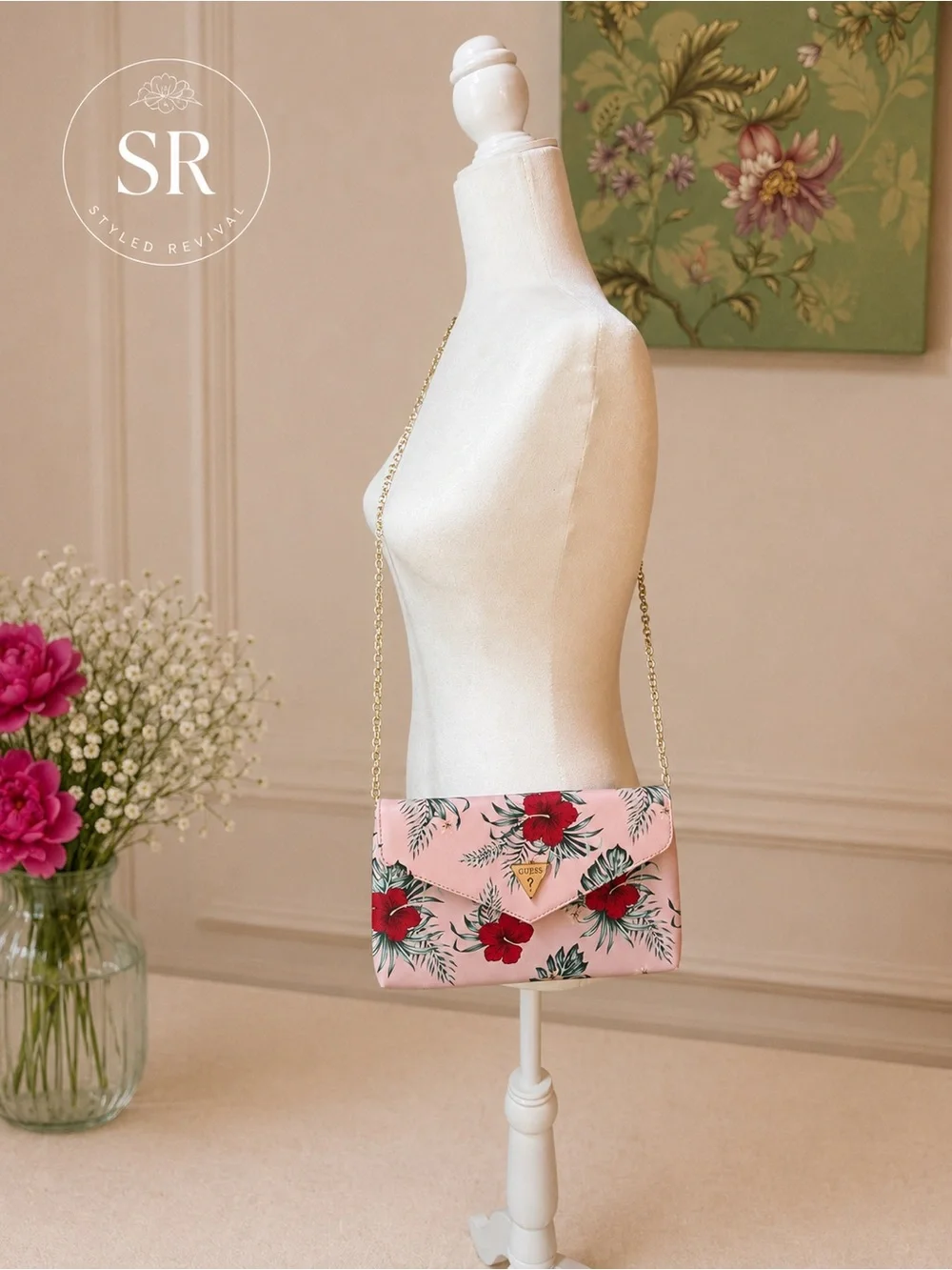 GUESS Pink Floral Envelope Clutch with Gold Chain